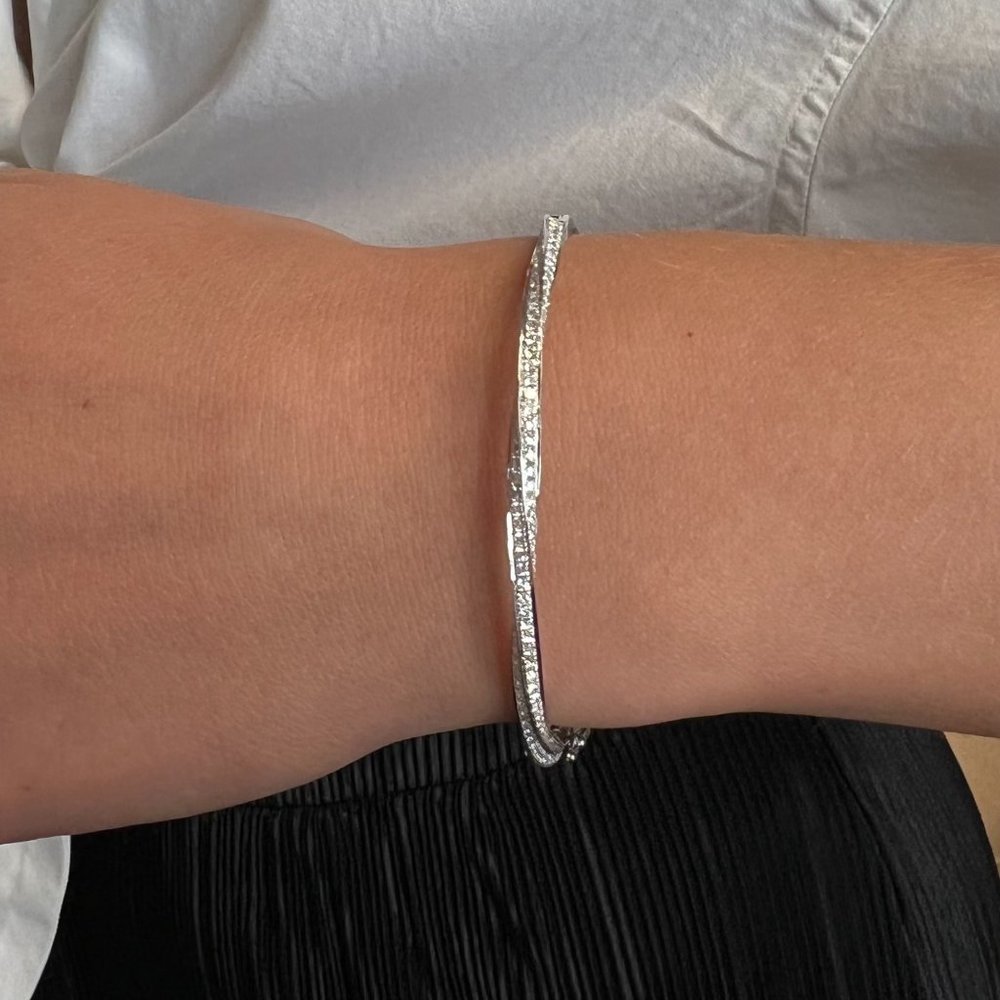 Rachel Koen Pave Set Round Cut Diamond Bangle Bracelet 18K White Gold 2.09Cttw